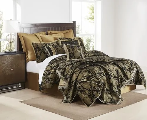 austin horn classics 13 x 13 chenille jacquard decorative pillow black gold accent cushion with bullion fringe all around polyester fiber filled spot clean only